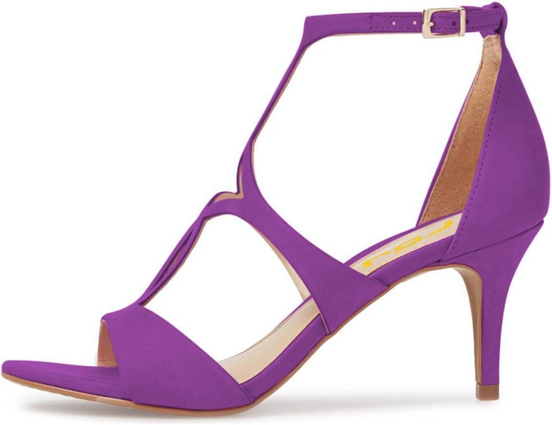 imageFSJ Women Strappy Ankle Strap Sandals Open Toe High Heel Caged Cutout TStrap Fashion Shoes Size 415 USPurple