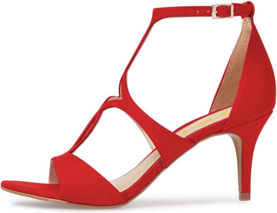imageFSJ Women Strappy Ankle Strap Sandals Open Toe High Heel Caged Cutout TStrap Fashion Shoes Size 415 USRed