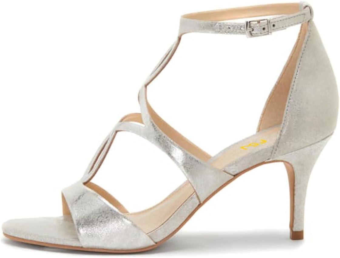 imageFSJ Women Strappy Ankle Strap Sandals Open Toe High Heel Caged Cutout TStrap Fashion Shoes Size 415 USSilver