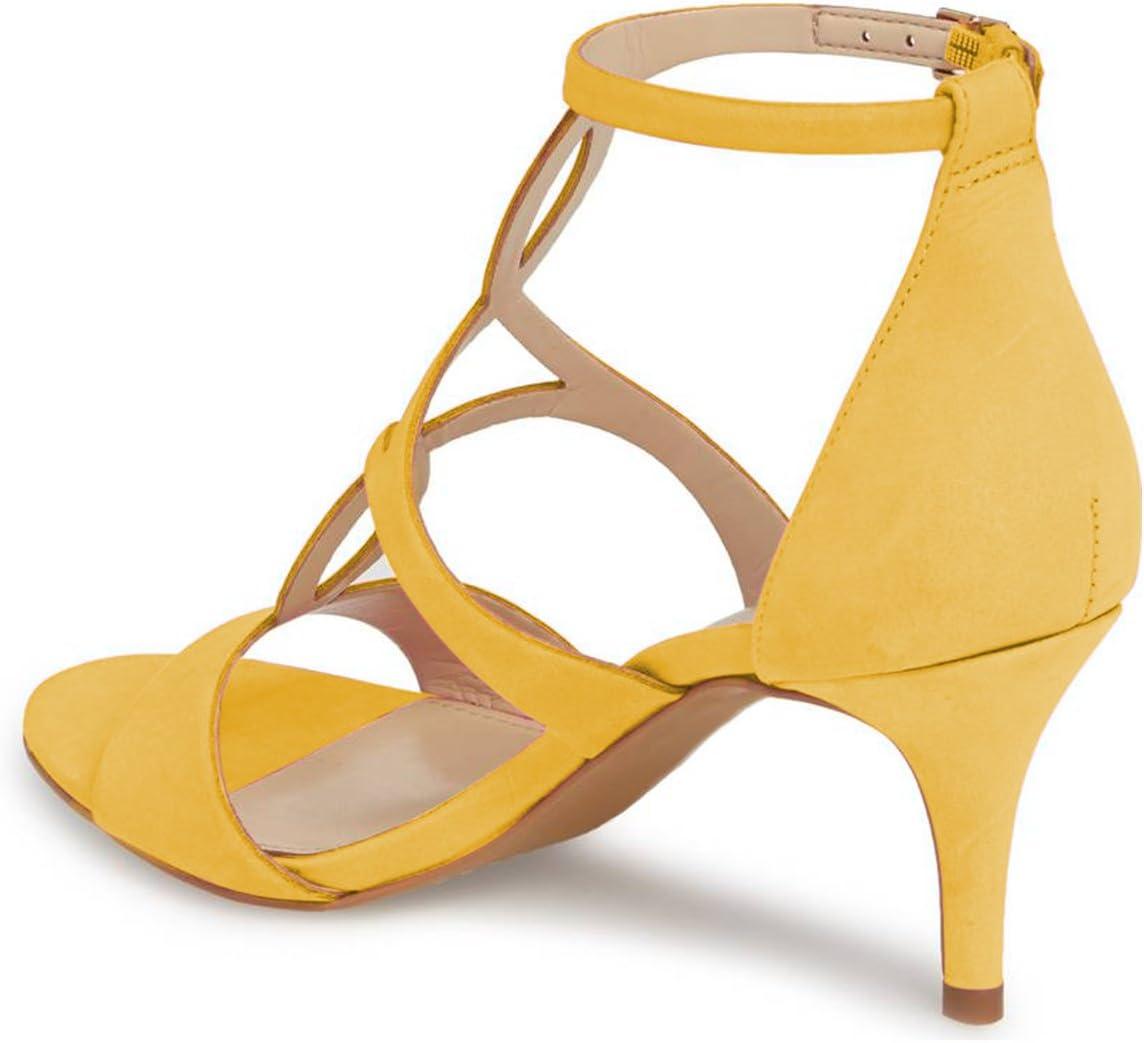 imageFSJ Women Strappy Ankle Strap Sandals Open Toe High Heel Caged Cutout TStrap Fashion Shoes Size 415 USYellow