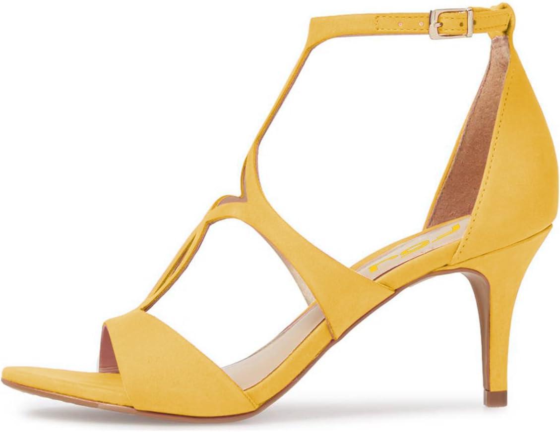 imageFSJ Women Strappy Ankle Strap Sandals Open Toe High Heel Caged Cutout TStrap Fashion Shoes Size 415 USYellow