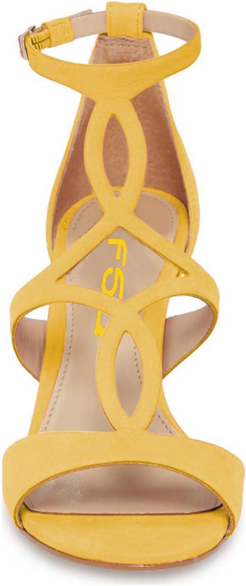 imageFSJ Women Strappy Ankle Strap Sandals Open Toe High Heel Caged Cutout TStrap Fashion Shoes Size 415 USYellow