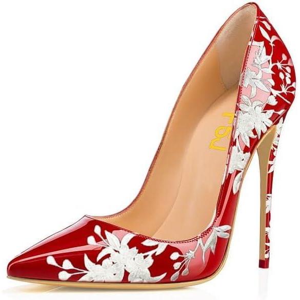 imageFSJ Women Formal Pointed Toe Pumps High Heel Sexy Stilettos Slip On Office Cute Evening Dress Shoes Size 415 USRed Flower