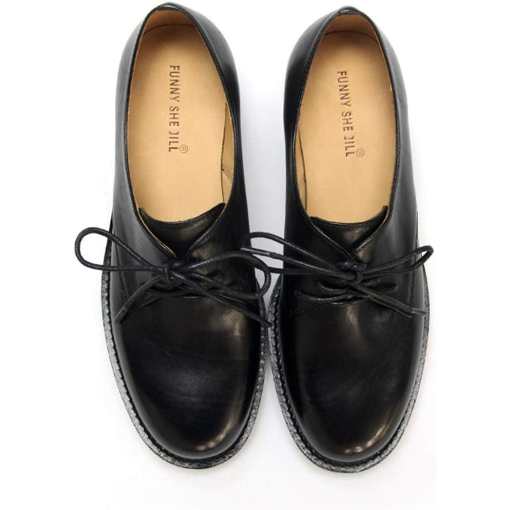 imageFSJ Women Leather Classic Lace up Flat Oxford Low Heel Round Toe Casual Dress Pump Shoes Size 412 USBlack