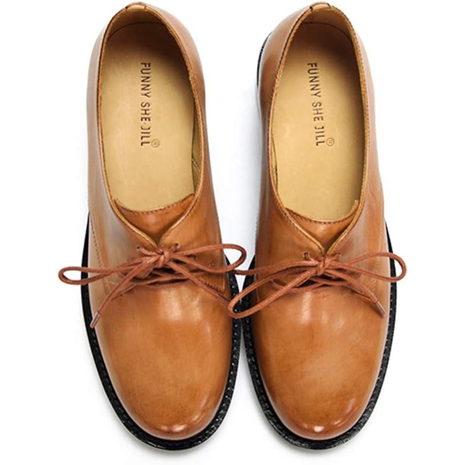 imageFSJ Women Leather Classic Lace up Flat Oxford Low Heel Round Toe Casual Dress Pump Shoes Size 412 USBrown