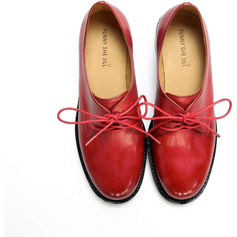 imageFSJ Women Leather Classic Lace up Flat Oxford Low Heel Round Toe Casual Dress Pump Shoes Size 412 USRed