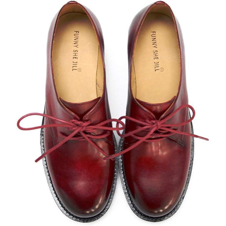 imageFSJ Women Leather Classic Lace up Flat Oxford Low Heel Round Toe Casual Dress Pump Shoes Size 412 USWine Red