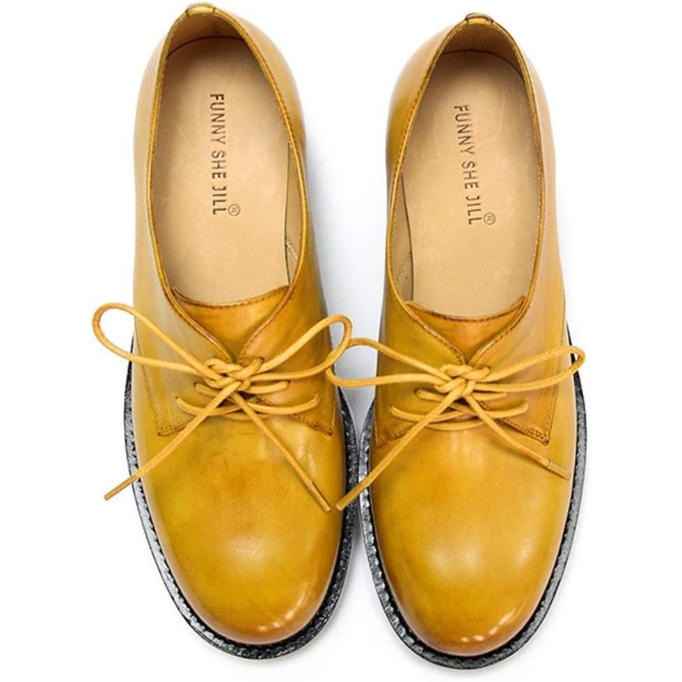 imageFSJ Women Leather Classic Lace up Flat Oxford Low Heel Round Toe Casual Dress Pump Shoes Size 412 USYellow