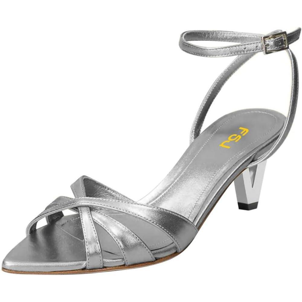 imageFSJ Women Pointed Open Toe Ankle Strap Sandals Strappy Low Heel Summer Party Wedding Dress Shoes Size 416 USSilver