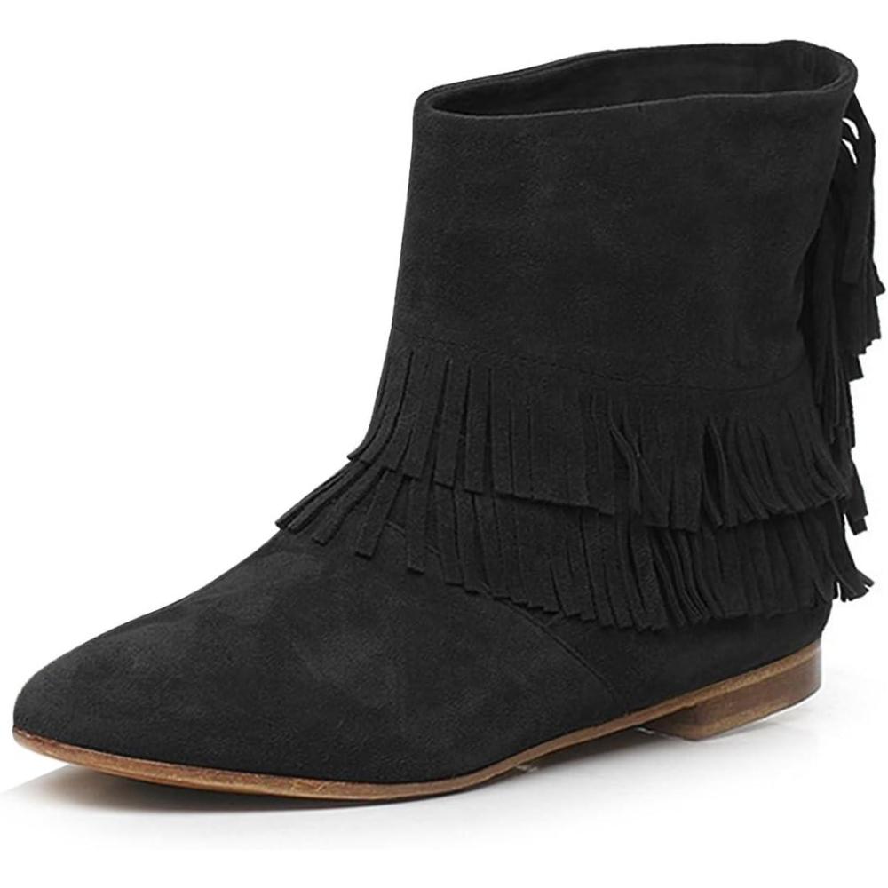 imageFSJ Women Retro Fringe Flat Booties Western Cowgirl Low Heel Ankle Boots with Tassel Suede Pull On Cowboy Dress Shoes Size 416 USBlack