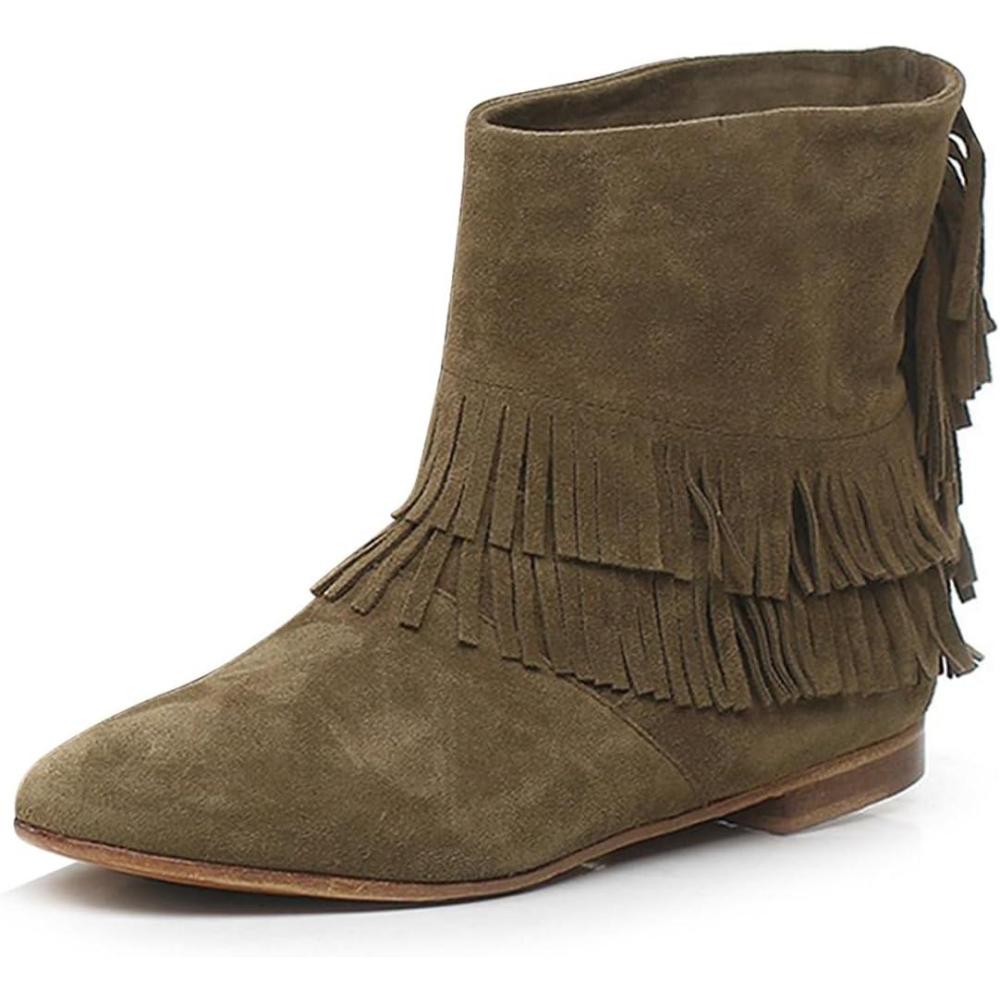 imageFSJ Women Retro Fringe Flat Booties Western Cowgirl Low Heel Ankle Boots with Tassel Suede Pull On Cowboy Dress Shoes Size 416 USOlive Green