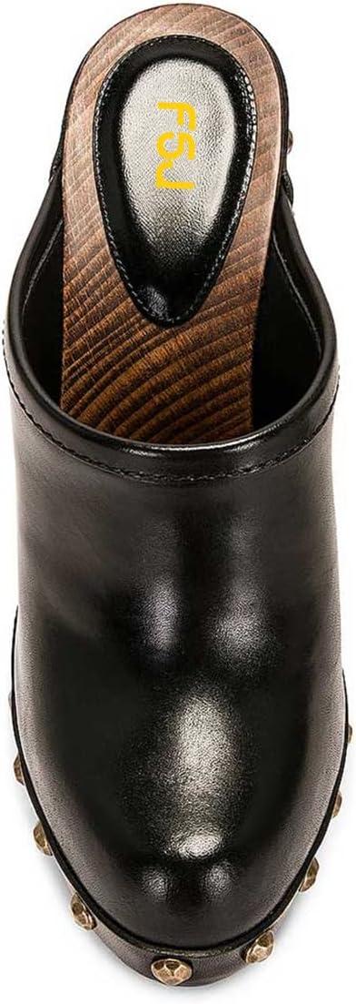 imageFSJ Women Closed Round Toe Mules Wooden Block High Heel Clogs Slip On Studded Platform Sandals Vintage Dress Slide Shoes Size 416 USBlack