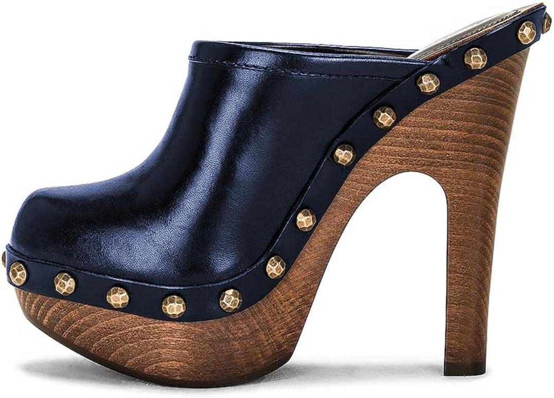 imageFSJ Women Closed Round Toe Mules Wooden Block High Heel Clogs Slip On Studded Platform Sandals Vintage Dress Slide Shoes Size 416 USBlue