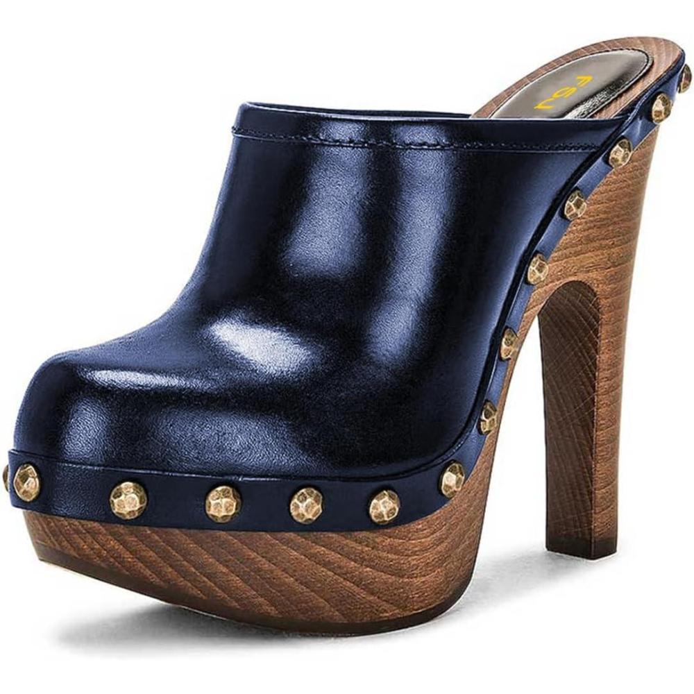 imageFSJ Women Closed Round Toe Mules Wooden Block High Heel Clogs Slip On Studded Platform Sandals Vintage Dress Slide Shoes Size 416 USBlue