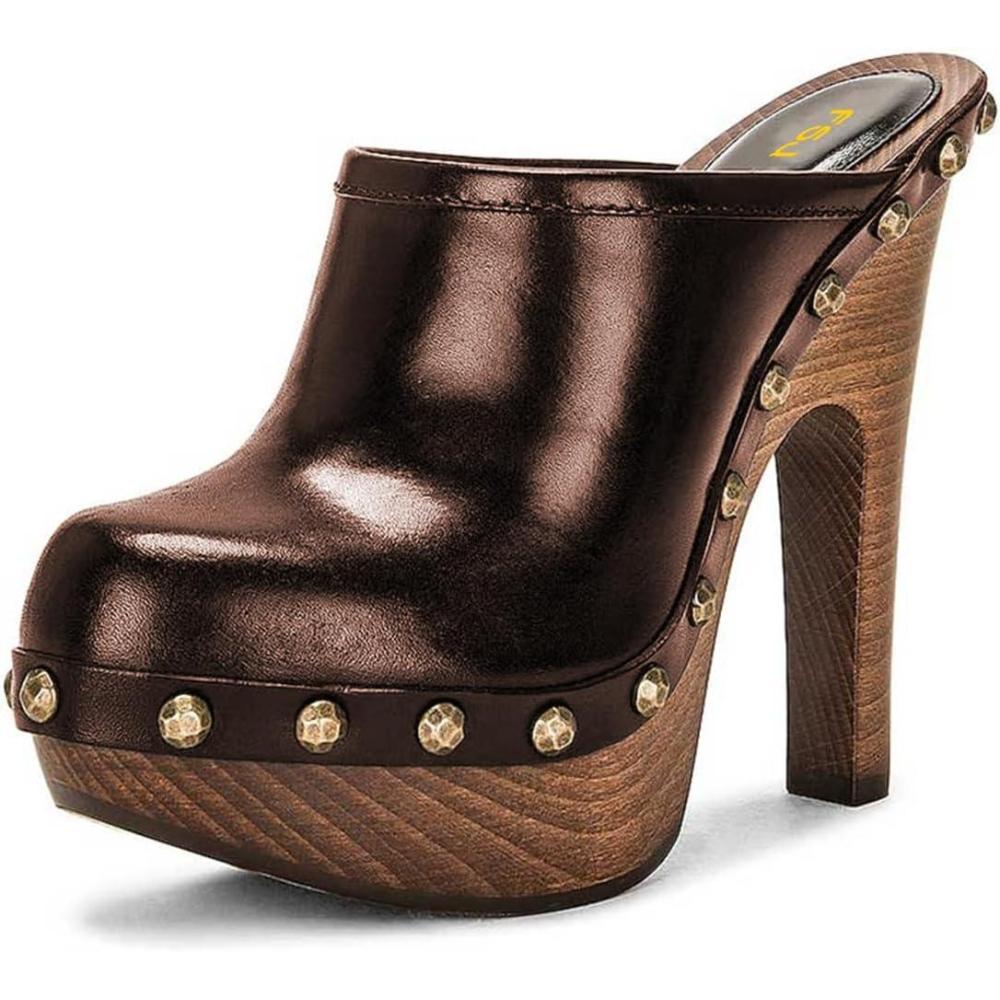 imageFSJ Women Closed Round Toe Mules Wooden Block High Heel Clogs Slip On Studded Platform Sandals Vintage Dress Slide Shoes Size 416 USBrown
