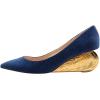 imageFSJ Women Pointed Toe Wedge Pumps Slip On Golden Wave Low Heels Basic Wedding Party Comfort Dress Shoes Size 416 USBlue Suede