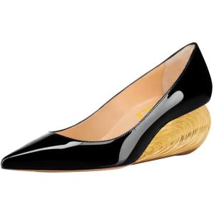 imageFSJ Women Pointed Toe Wedge Pumps Slip On Golden Wave Low Heels Basic Wedding Party Comfort Dress Shoes Size 416 USBlack