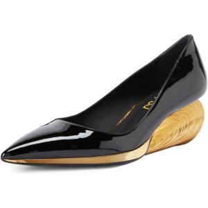 imageFSJ Women Pointed Toe Wedge Pumps Slip On Golden Wave Low Heels Basic Wedding Party Comfort Dress Shoes Size 416 USBlack With Gold Trim