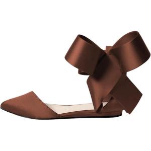 imageFSJ Women Chic Closed Pointed Toe DOrsay Ankle Strap Ballet Flats Shoes Large Side Bows Comfortable Shoes Size 416 USBrown