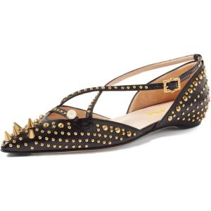 imageFSJ Women Flats Pointed Toe Crossed Strap DOrsay Studded Rivets Adjustable Buckle No Heel Party Dress Spikes Shoes Size 416 USBlack