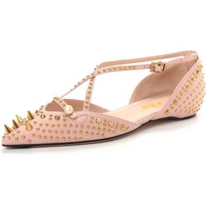 imageFSJ Women Flats Pointed Toe Crossed Strap DOrsay Studded Rivets Adjustable Buckle No Heel Party Dress Spikes Shoes Size 416 USPink