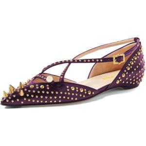 imageFSJ Women Flats Pointed Toe Crossed Strap DOrsay Studded Rivets Adjustable Buckle No Heel Party Dress Spikes Shoes Size 416 USPurple