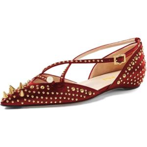 imageFSJ Women Flats Pointed Toe Crossed Strap DOrsay Studded Rivets Adjustable Buckle No Heel Party Dress Spikes Shoes Size 416 USRed