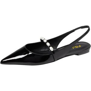 imageFSJ Women Slingback Flats with Beaded Studded Pointed Toe Pearl Strap Slip On Office Casual Comfort Ballet Shoes Size 416 USBlack