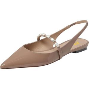 imageFSJ Women Slingback Flats with Beaded Studded Pointed Toe Pearl Strap Slip On Office Casual Comfort Ballet Shoes Size 416 USNude