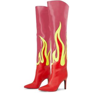 imageFSJ Women Stylish Flame Knee High Heel Boots Pointed Toe Stiletto Over the Knee Boots Fashion Thigh High Winter Warm Long Boots Size 415 USPink