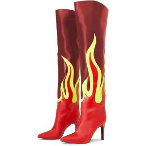 imageFSJ Women Stylish Flame Knee High Heel Boots Pointed Toe Stiletto Over the Knee Boots Fashion Thigh High Winter Warm Long Boots Size 415 USRed