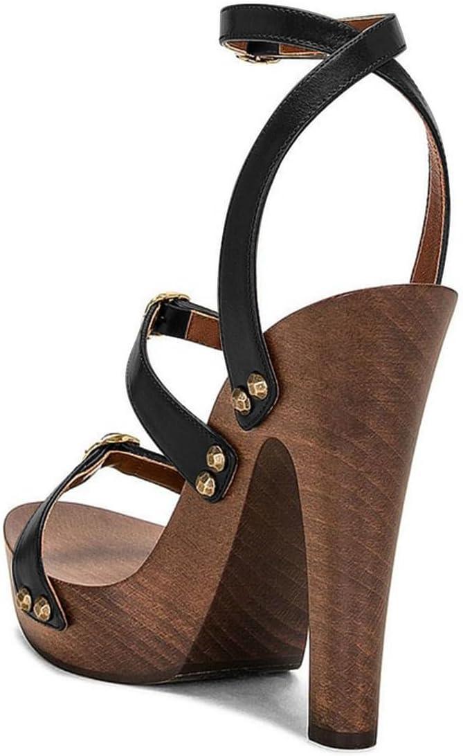 imageFSJ Women Open Toe Triple Buckle Straps Clog Heels Studded Platform Sandals Wooden Chunky Block Date Nights Shoes Size 416 USBlack