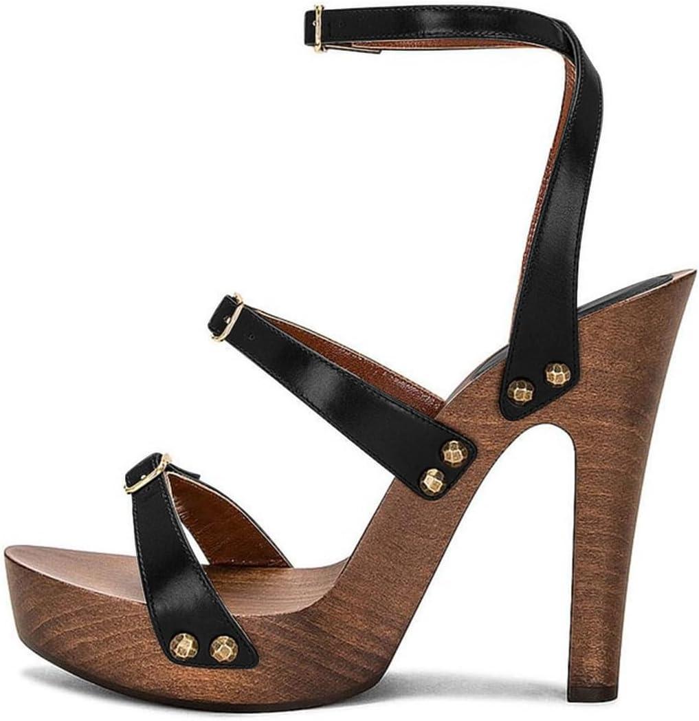 imageFSJ Women Open Toe Triple Buckle Straps Clog Heels Studded Platform Sandals Wooden Chunky Block Date Nights Shoes Size 416 USBlack