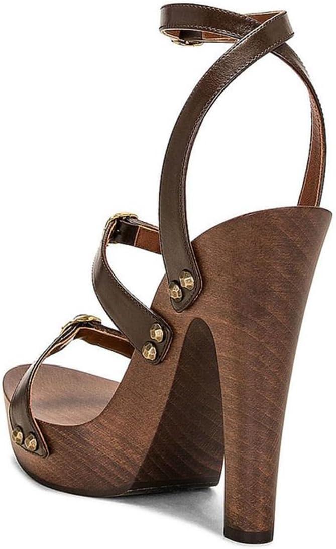 imageFSJ Women Open Toe Triple Buckle Straps Clog Heels Studded Platform Sandals Wooden Chunky Block Date Nights Shoes Size 416 USBrown