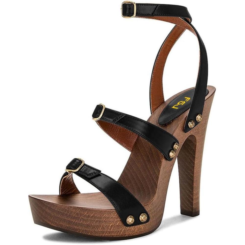 imageFSJ Women Open Toe Triple Buckle Straps Clog Heels Studded Platform Sandals Wooden Chunky Block Date Nights Shoes Size 416 USBlack