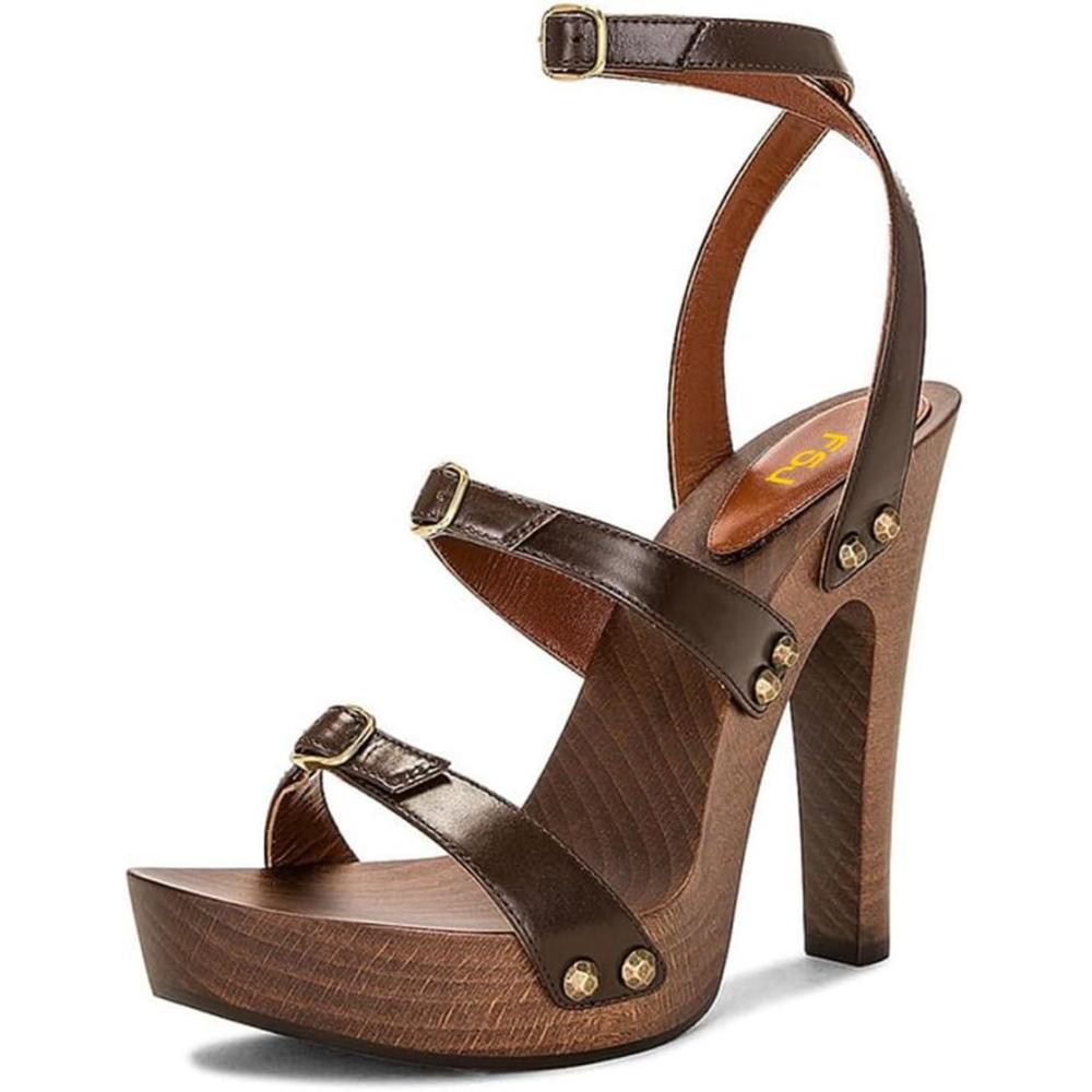 imageFSJ Women Open Toe Triple Buckle Straps Clog Heels Studded Platform Sandals Wooden Chunky Block Date Nights Shoes Size 416 USBrown