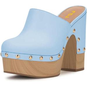 imageFSJ Women Closed Round Toe Mules High Chunky Heeled Sandals Slip On Platform Wooden Clogs Studs Comfy Shoes Size 416 USBaby Blue