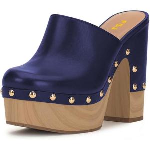 imageFSJ Women Closed Round Toe Mules High Chunky Heeled Sandals Slip On Platform Wooden Clogs Studs Comfy Shoes Size 416 USBlue