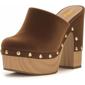 imageFSJ Women Closed Round Toe Mules High Chunky Heeled Sandals Slip On Platform Wooden Clogs Studs Comfy Shoes Size 416 USBrown Suede