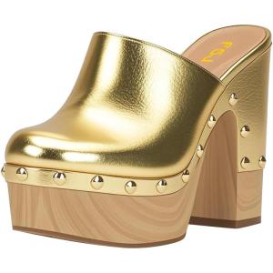 imageFSJ Women Closed Round Toe Mules High Chunky Heeled Sandals Slip On Platform Wooden Clogs Studs Comfy Shoes Size 416 USGold