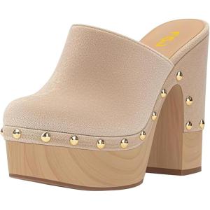 imageFSJ Women Closed Round Toe Mules High Chunky Heeled Sandals Slip On Platform Wooden Clogs Studs Comfy Shoes Size 416 USKhaki Suede