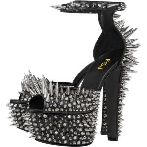 imageFSJ Women Spiked High Heel Sandals with Studded Ankle Strap Peep Toe Platform Chunky Rivets Heel Sexy Night Club Party Shoes Size 416 USBlack