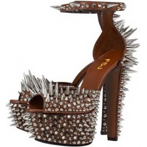 imageFSJ Women Spiked High Heel Sandals with Studded Ankle Strap Peep Toe Platform Chunky Rivets Heel Sexy Night Club Party Shoes Size 416 USBrown