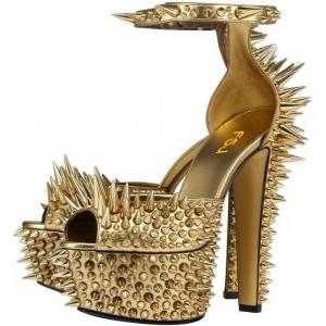 imageFSJ Women Spiked High Heel Sandals with Studded Ankle Strap Peep Toe Platform Chunky Rivets Heel Sexy Night Club Party Shoes Size 416 USGold