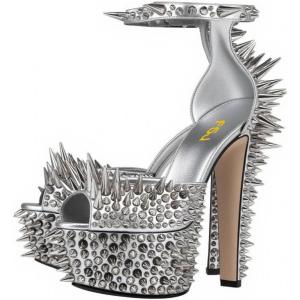 imageFSJ Women Spiked High Heel Sandals with Studded Ankle Strap Peep Toe Platform Chunky Rivets Heel Sexy Night Club Party Shoes Size 416 USSilver