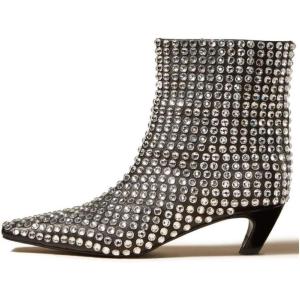 imageFSJ Women Square Toe Comfort Kitten Low Heel Ankle Boots Pull On Booties Winter Faux Suede Casual Dressy Shoes Size 416 USBlack Rhinestone