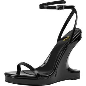 imageFSJ Women Wedge Heel Strappy Sandals with Platform Open Toe Adjustable Ankle Strap Comfortable Summer Office Shoes Size 416 USBlack