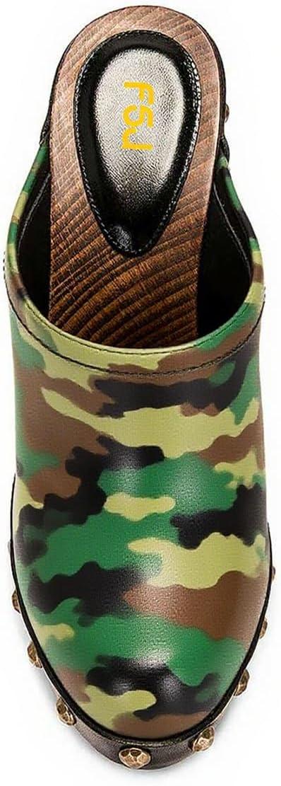 imageFSJ Women Closed Round Toe Mules Wooden Block High Heel Clogs Slip On Studded Platform Sandals Vintage Dress Slide Shoes Size 416 USCamouflage