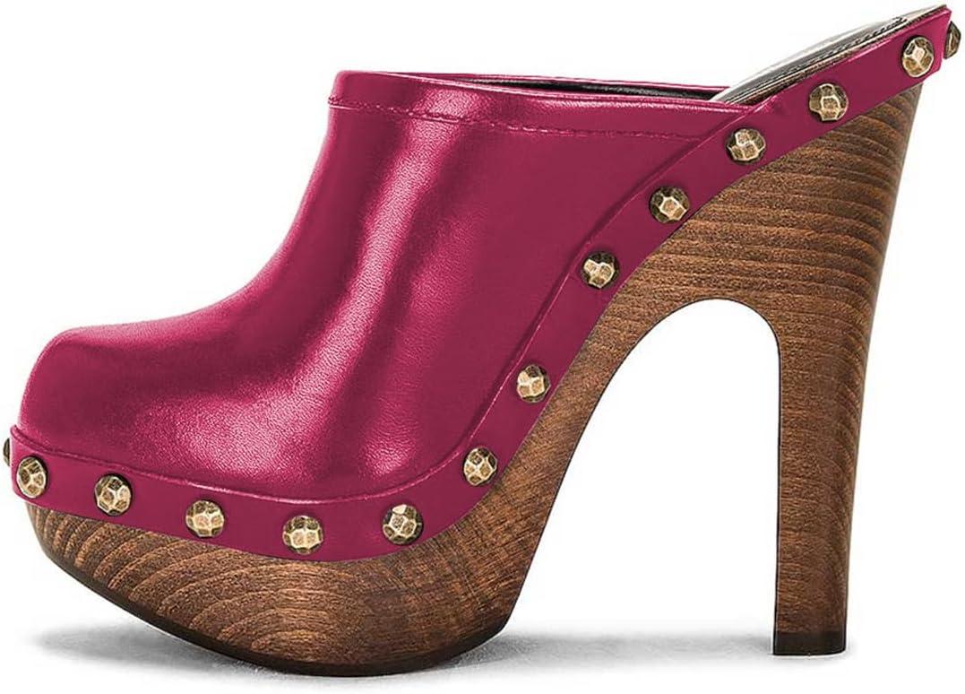 imageFSJ Women Closed Round Toe Mules Wooden Block High Heel Clogs Slip On Studded Platform Sandals Vintage Dress Slide Shoes Size 416 USDeep Pink