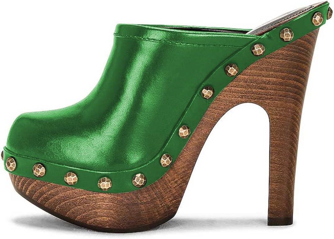 imageFSJ Women Closed Round Toe Mules Wooden Block High Heel Clogs Slip On Studded Platform Sandals Vintage Dress Slide Shoes Size 416 USGreen